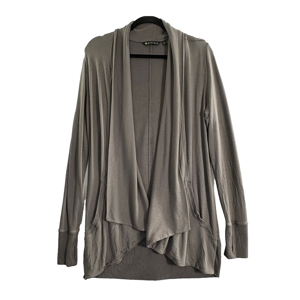 ATHLETA Women Pranayama Open Front Long Sleeve Thumbholes Sweater Sz M Gray 4-17